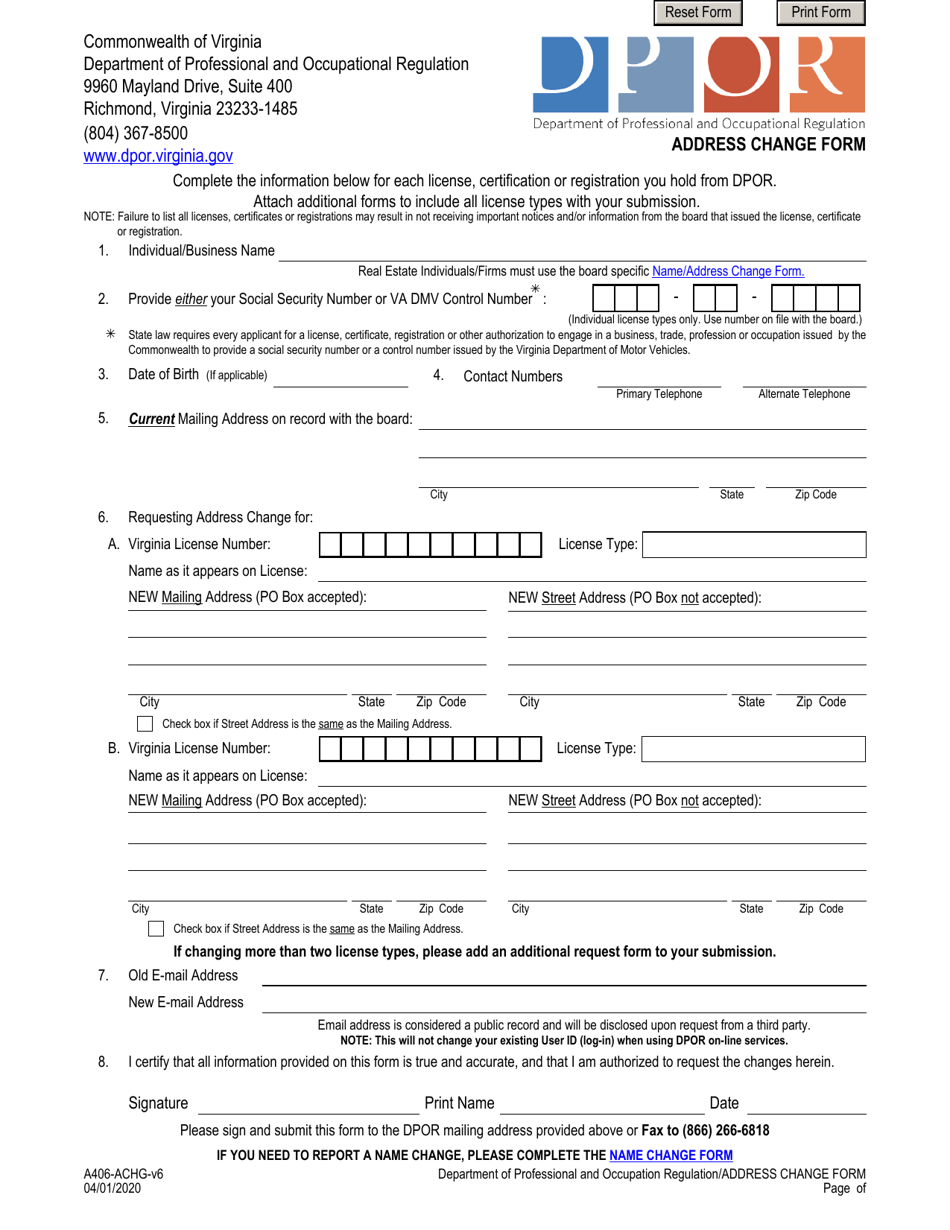 Form A406-ACHG Address Change Form - Virginia, Page 1