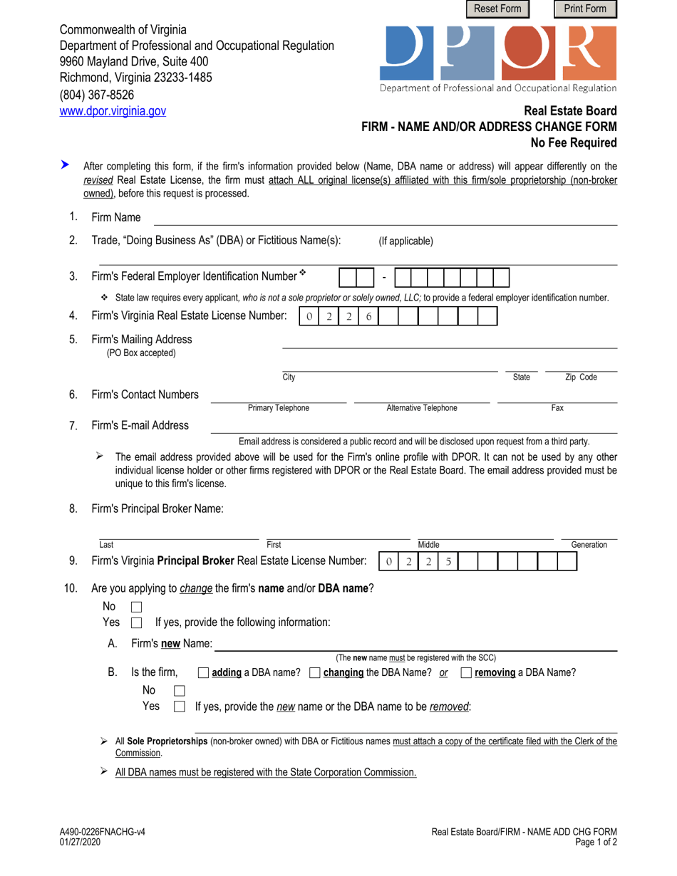 Form A490-0226FNACHG Real Estate Board Firm - Name and / or Address Change Form - Virginia, Page 1