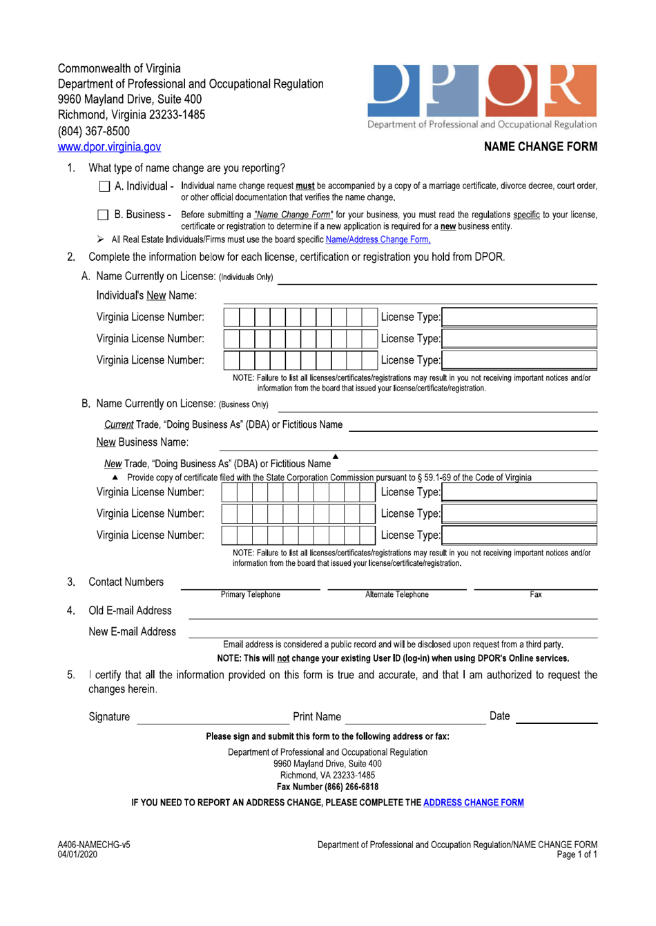 Form A406-NAMECHG Name Change Form - Virginia, Page 1