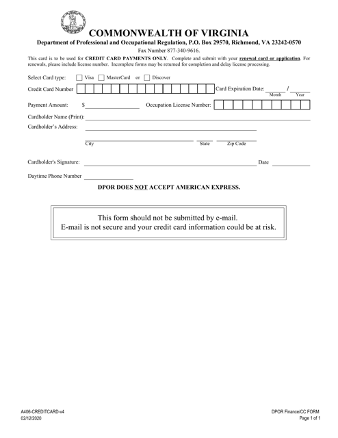 Form A406-CREDITCARD  Printable Pdf