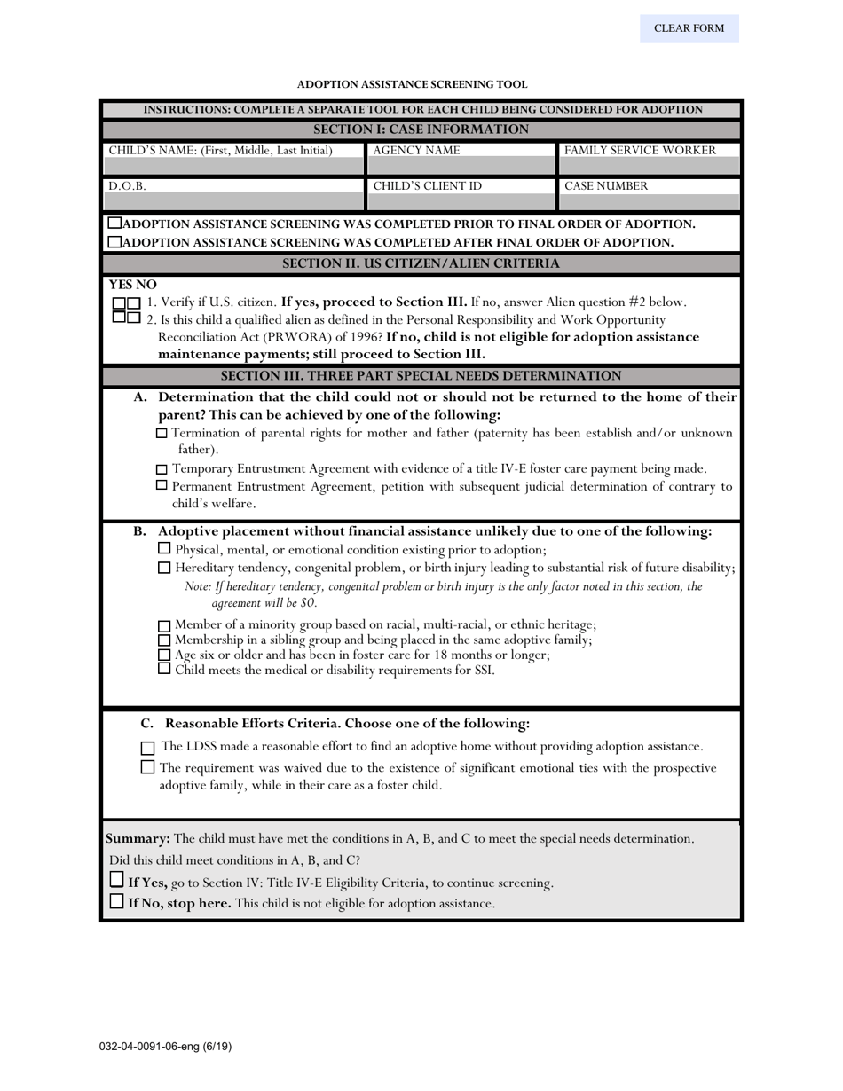 Form 032-04-0091-06-ENG Adoption Assistance Screening Tool - Virginia, Page 1