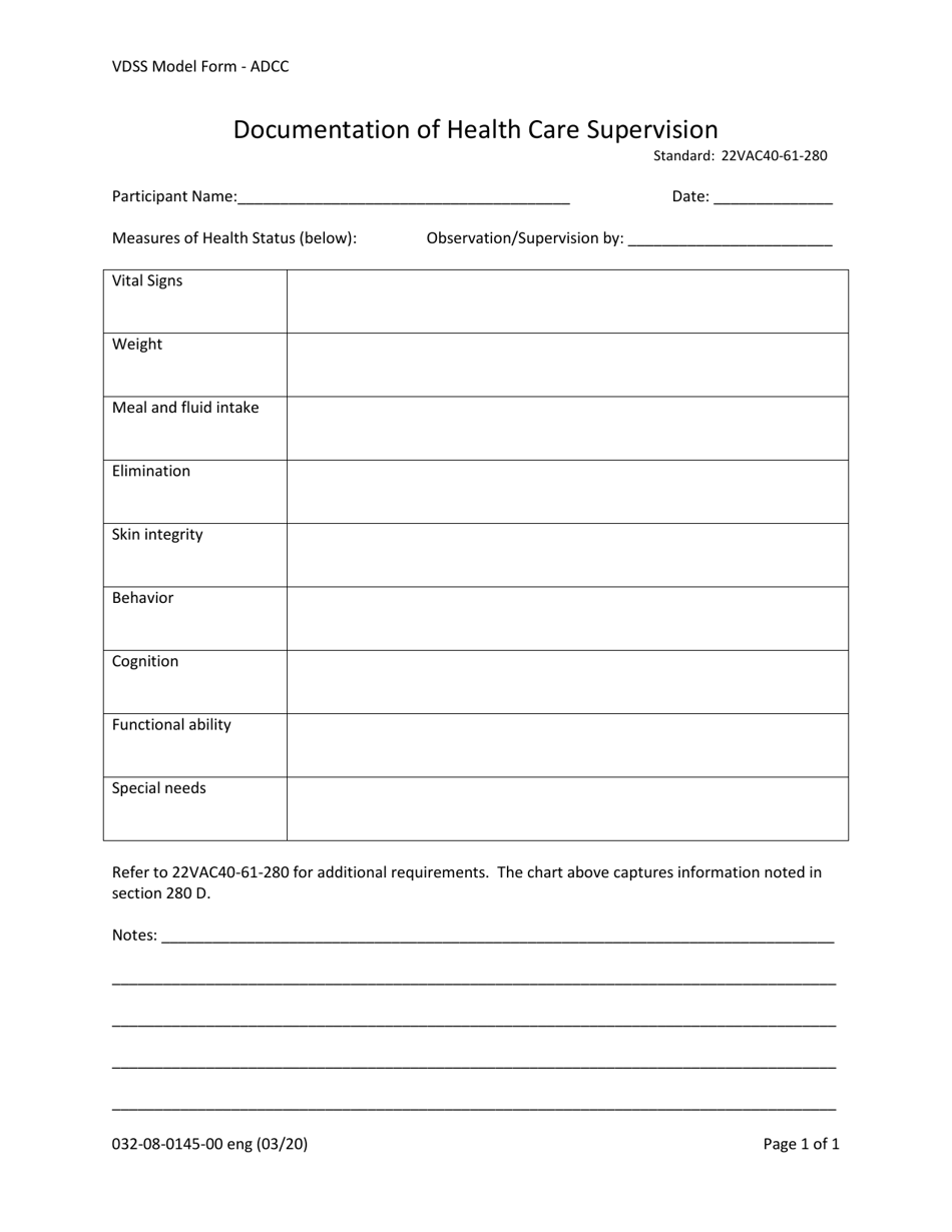 Form 032-08-0145-00-ENG Documentation of Health Care Supervision - Virginia, Page 1