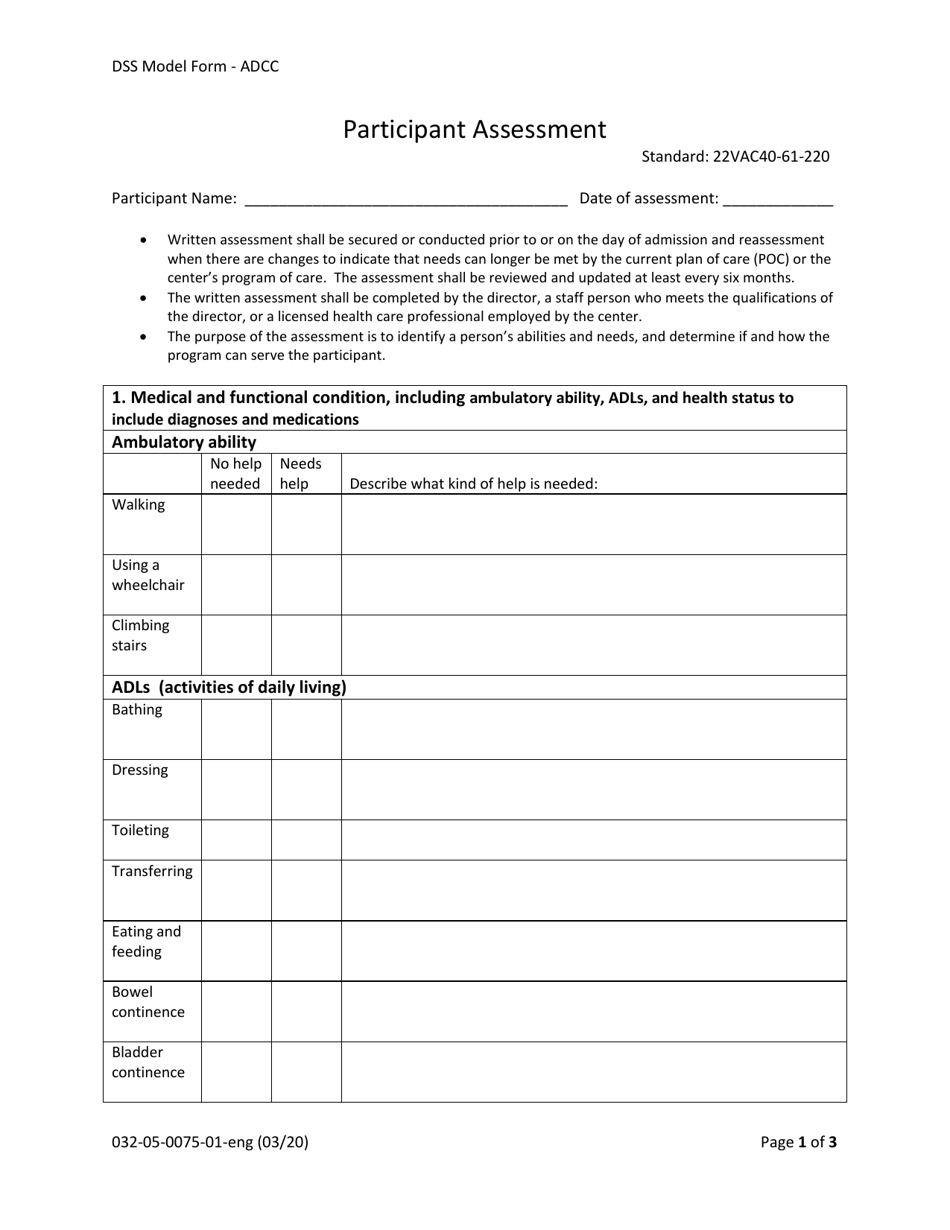 Form 032-05-0075-01-ENG Participant Assessment - Virginia, Page 1