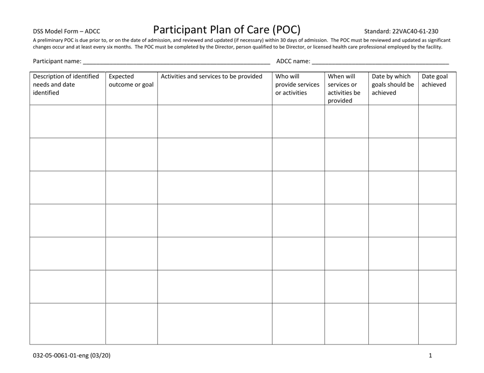 Form 032-05-0061-01-ENG Participant Plan of Care (Poc) - Virginia, Page 1