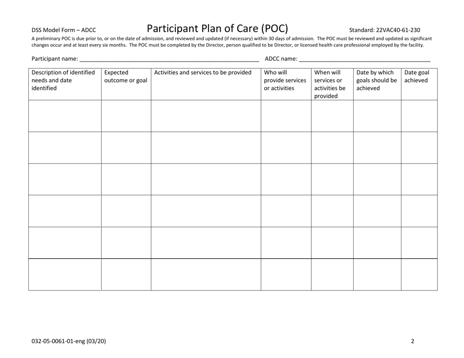 Form 032-05-0061-01-ENG Participant Plan of Care (Poc) - Virginia, Page 2