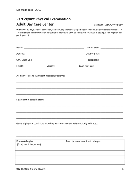 Form 032-05-0073-01-ENG Participant Physical Examination Adult Day Care Center - Virginia