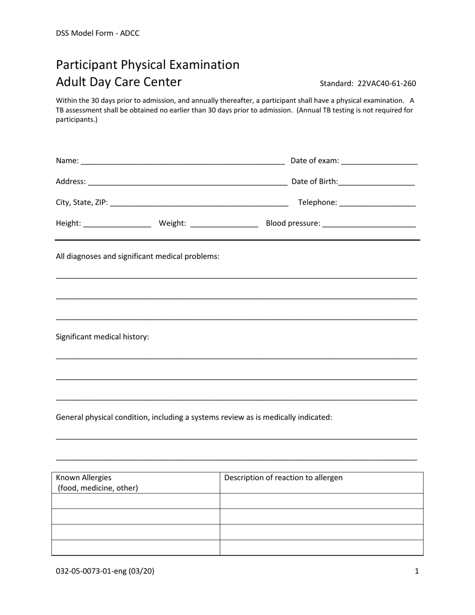 Form 032-05-0073-01-ENG Participant Physical Examination Adult Day Care Center - Virginia, Page 1