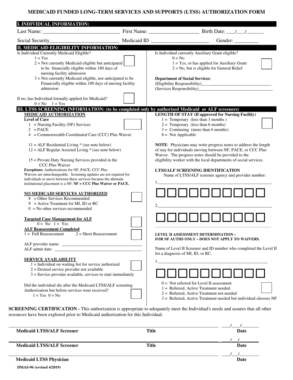 Form DMAS-96 Medicaid Funded Long-Term Services and Supports (Ltss) Authorization Form - Virginia, Page 1