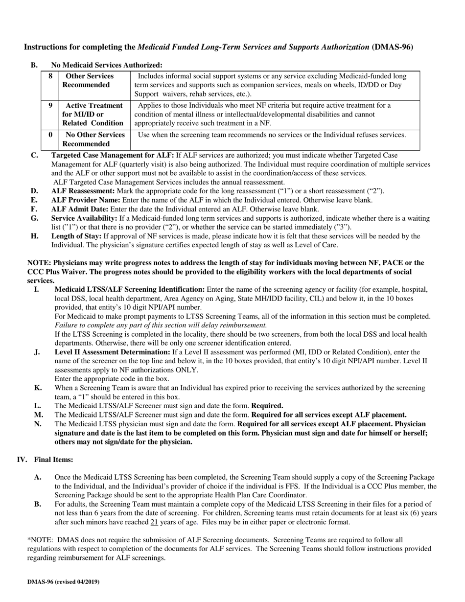 Form DMAS-96 Download Printable PDF or Fill Online Medicaid Funded Long ...