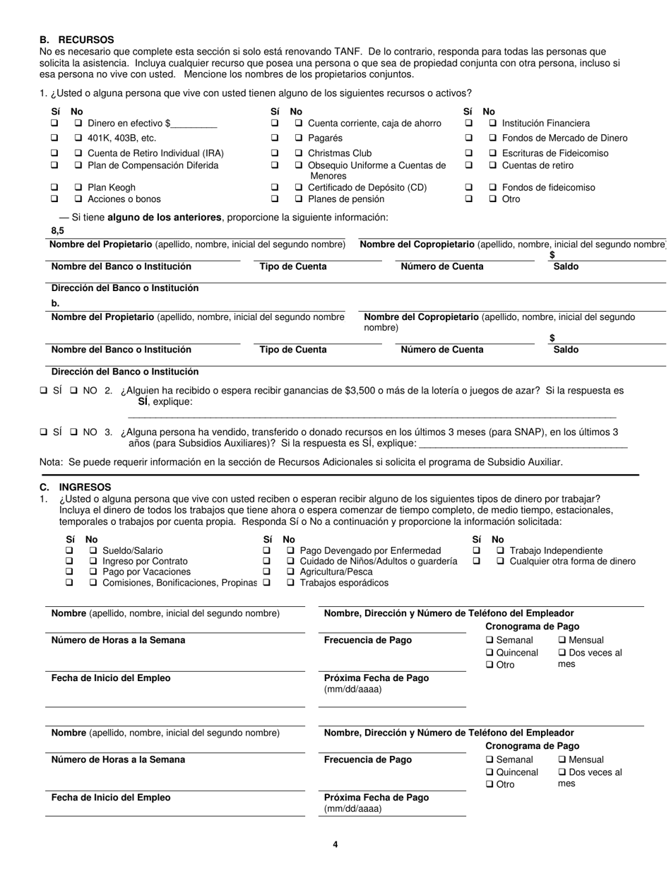 Formulario 032-03-729A-17-ENG Solicitud De Renovacion De Subsidio Auxiliar (Ag), Programa De Asistencia Nutricional Suplementaria (Snap), Y Asistencia Temporal Para Familias Necesitadas (TANF) - Virginia (Spanish), Page 4