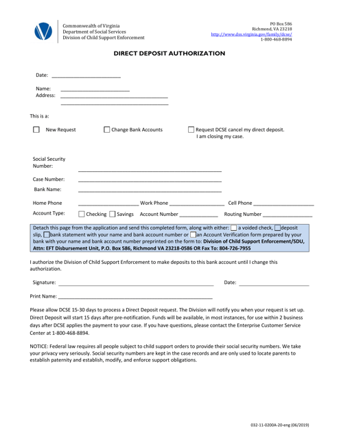 Form 032-11-0200A-20-ENG Direct Deposit Authorization - Virginia
