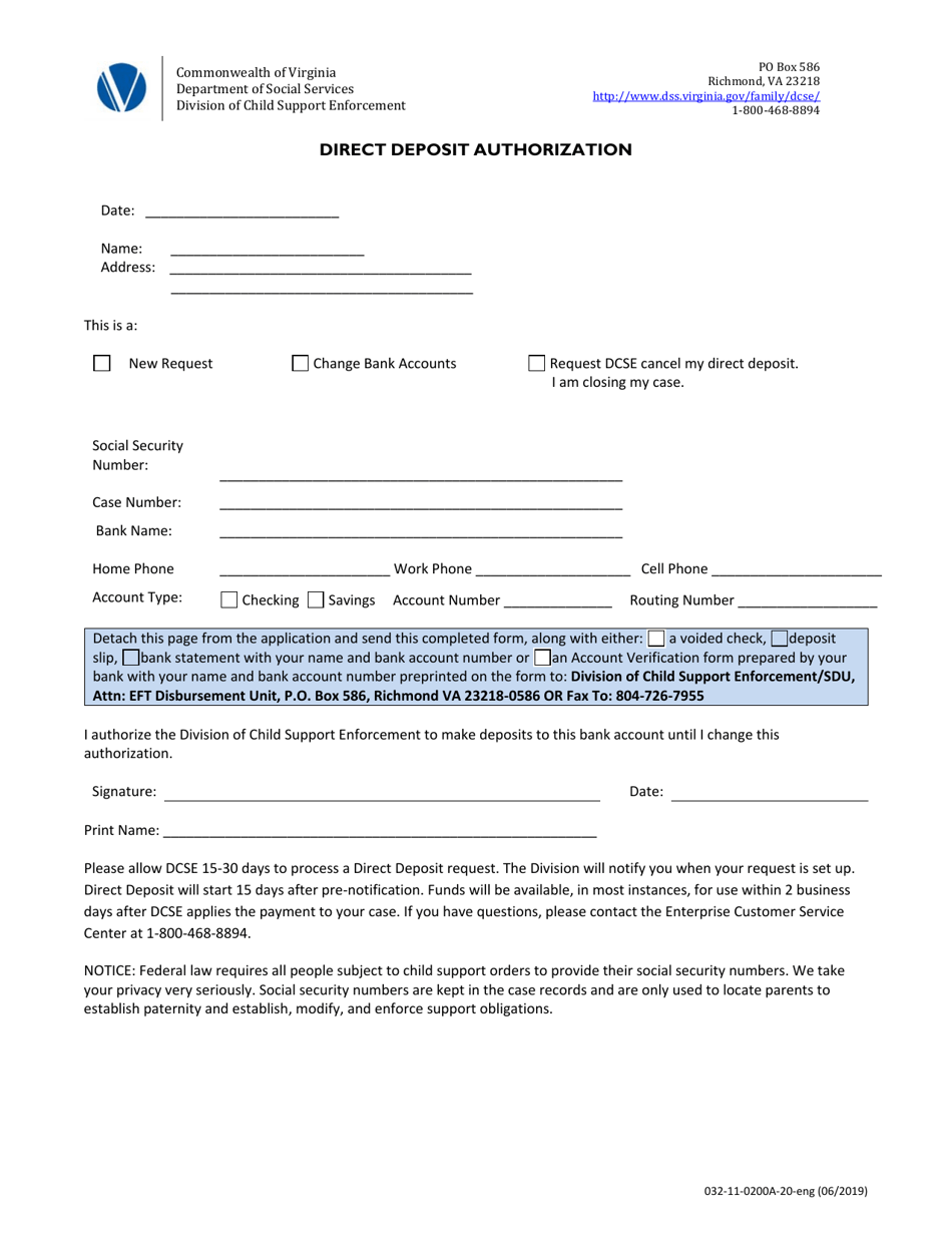 Form 032-11-0200A-20-ENG Direct Deposit Authorization - Virginia, Page 1