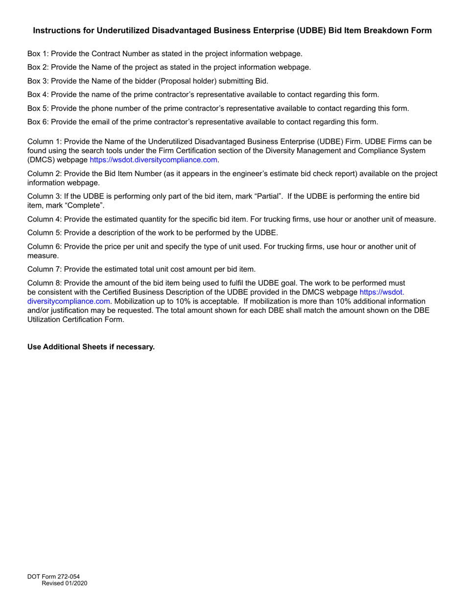 DOT Form 272-054 Underutilized Disadvantaged Business Enterprise (Udbe) Bid Item Breakdown Form - Washington, Page 2