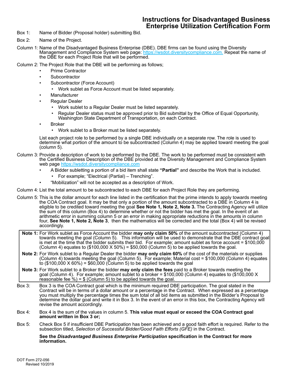 DOT Form 272-056 Disadvantaged Business Enterprise Utilization Certification - Washington, Page 2