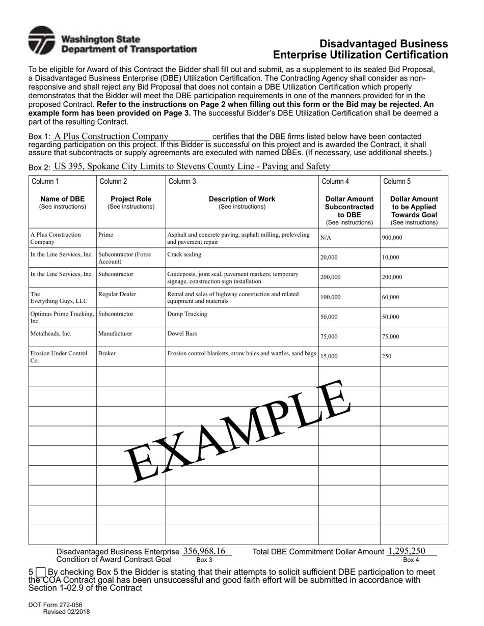 DOT Form 272-056 Disadvantaged Business Enterprise Utilization Certification - Washington, Page 3