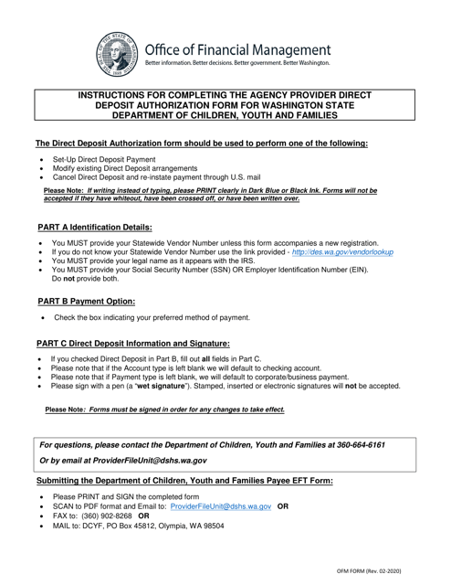 Agency Provider Direct Deposit Authorization Form for Washington Department of Children, Youth and Families - Washington
