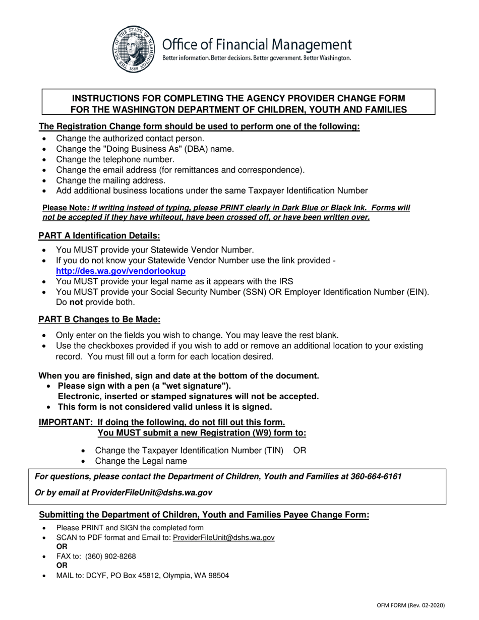 Agency Provider Change Form for Washington Department of Children Youth and Families - Washington, Page 1