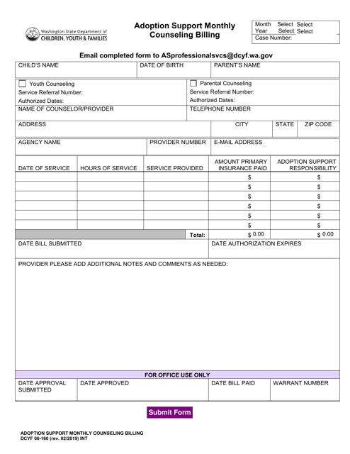 DCYF Form 06-160 Adoption Support Monthly Counseling Billing - Washington