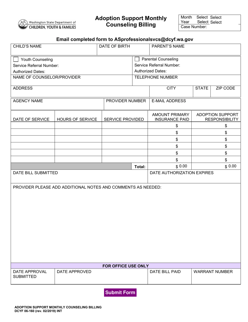 DCYF Form 06-160 Adoption Support Monthly Counseling Billing - Washington, Page 1