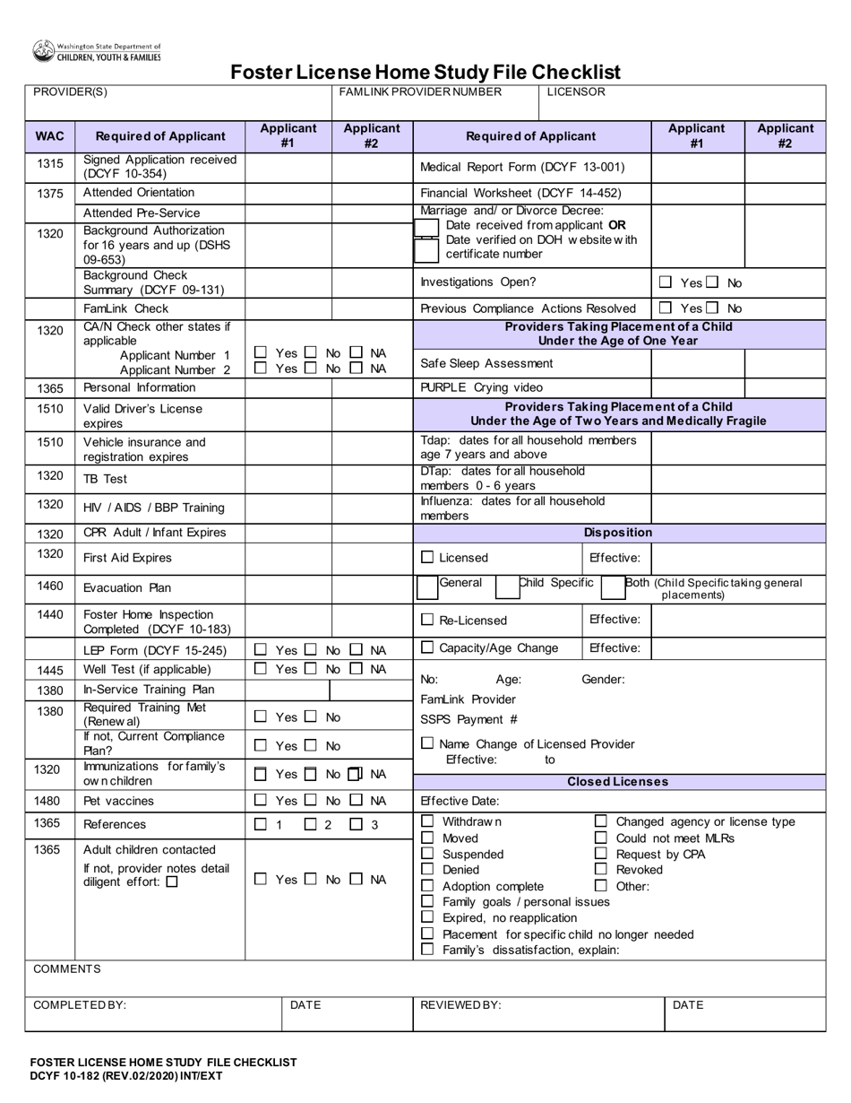 DCYF Form 10-182 Foster License Home Study File Checklist - Washington, Page 1