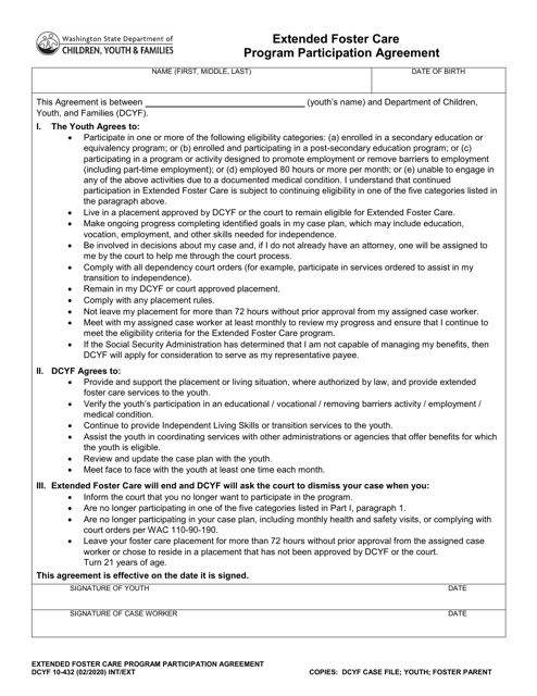 DCYF Form 10-432 Extended Foster Care Program Participation Agreement - Washington