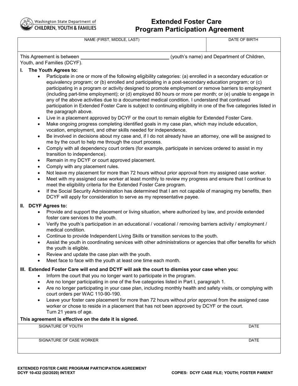 DCYF Form 10-432 Extended Foster Care Program Participation Agreement - Washington, Page 1