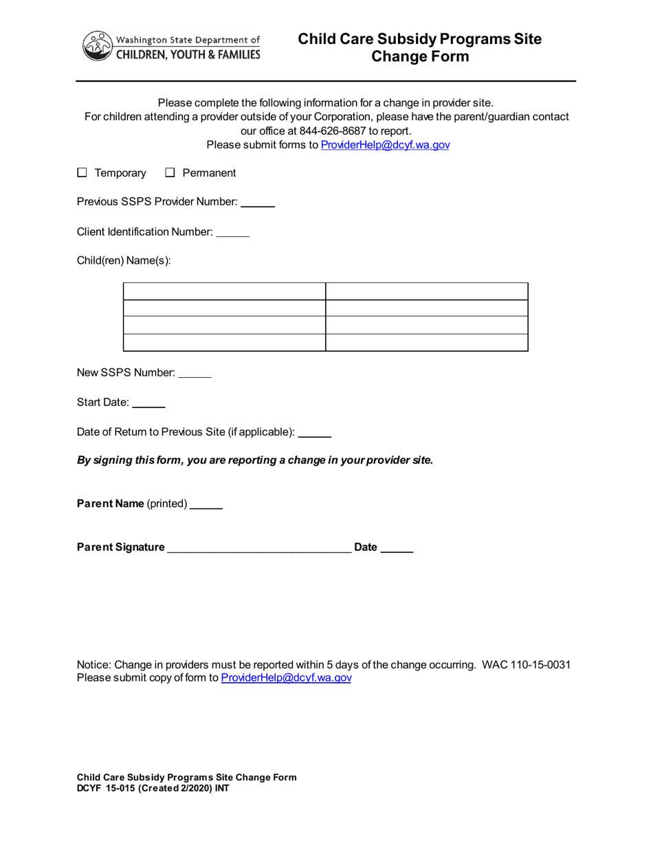 DCYF Form 15-015 Child Care Subsidy Programs Site Change Form - Washington, Page 1
