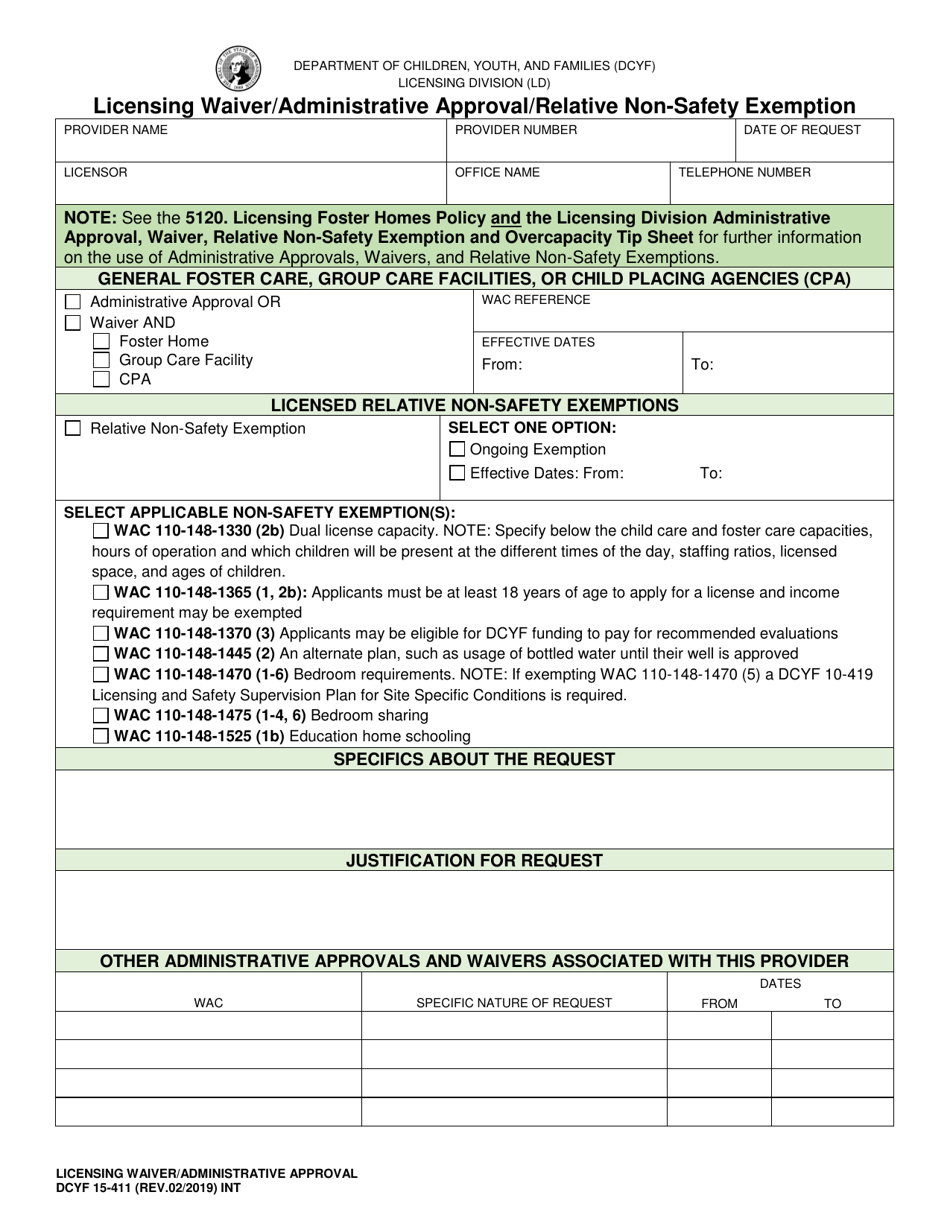 DCYF Form 15-411 Licensing Waiver / Administrative Approval / Relative Non-safety Exemption - Washington, Page 1