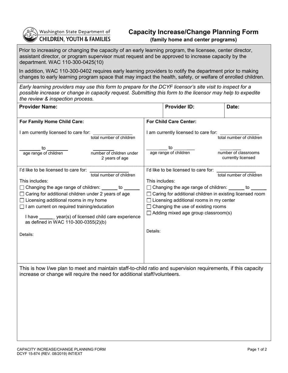 DCYF Form 15-874 Capacity Increase / Change Planning Form - Washington, Page 1