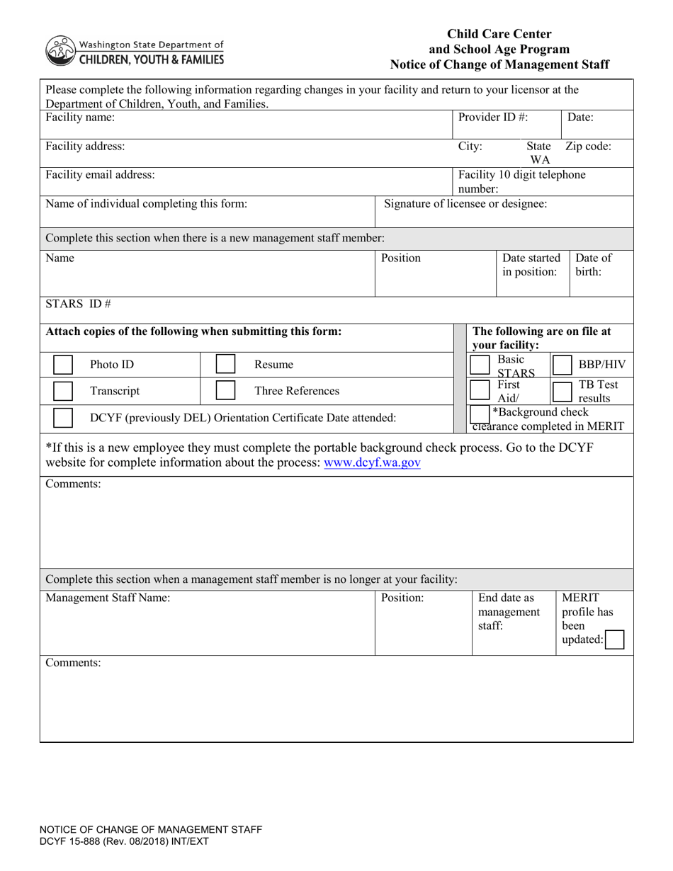 DCYF Form 15-888 Child Care Center and School Age Program Notice of Change of Management Staff - Washington, Page 1