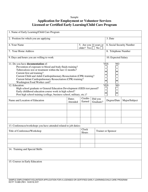 DCYF Form 15-889 Application for Employment or Volunteer Services Licensed or Certified Early Learning/Child Care Program - Washington