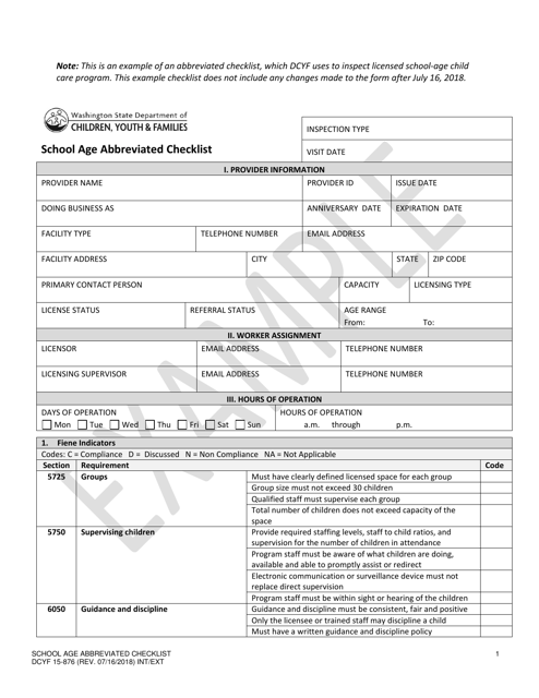 DCYF Form 15-876 School Age Abbreviated Checklist - Washington