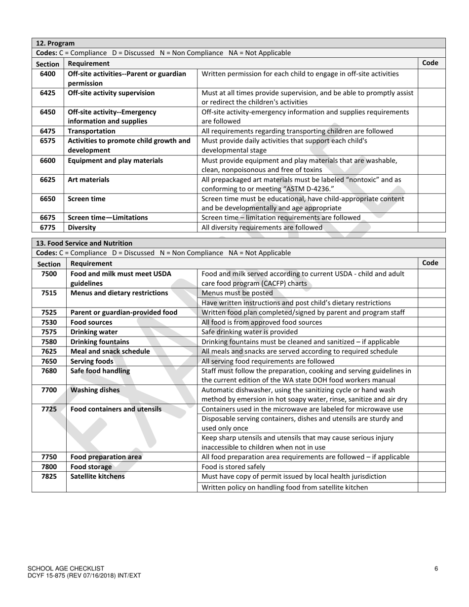 DCYF Form 15-875 School Age Checklist - Washington, Page 6