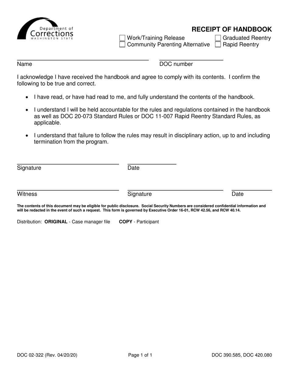Form DOC02-322 Receipt of Handbook - Washington, Page 1