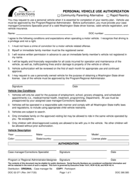 Document preview: Form DOC02-371 Personal Vehicle Use Authorization - Washington
