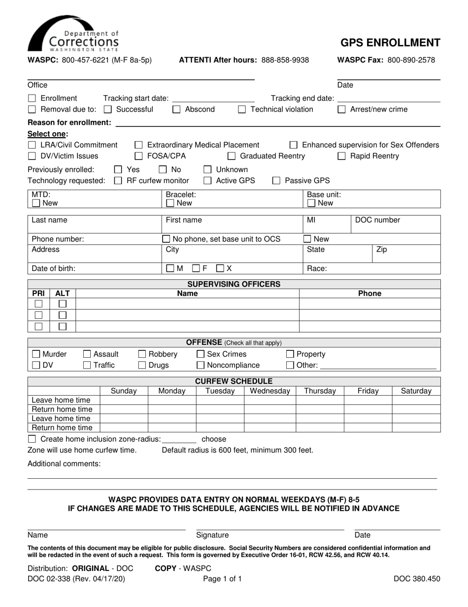 Form DOC02-338 Gps Enrollment - Washington, Page 1
