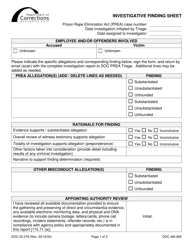 Document preview: Form DOC02-378 Investigative Finding Sheet - Washington