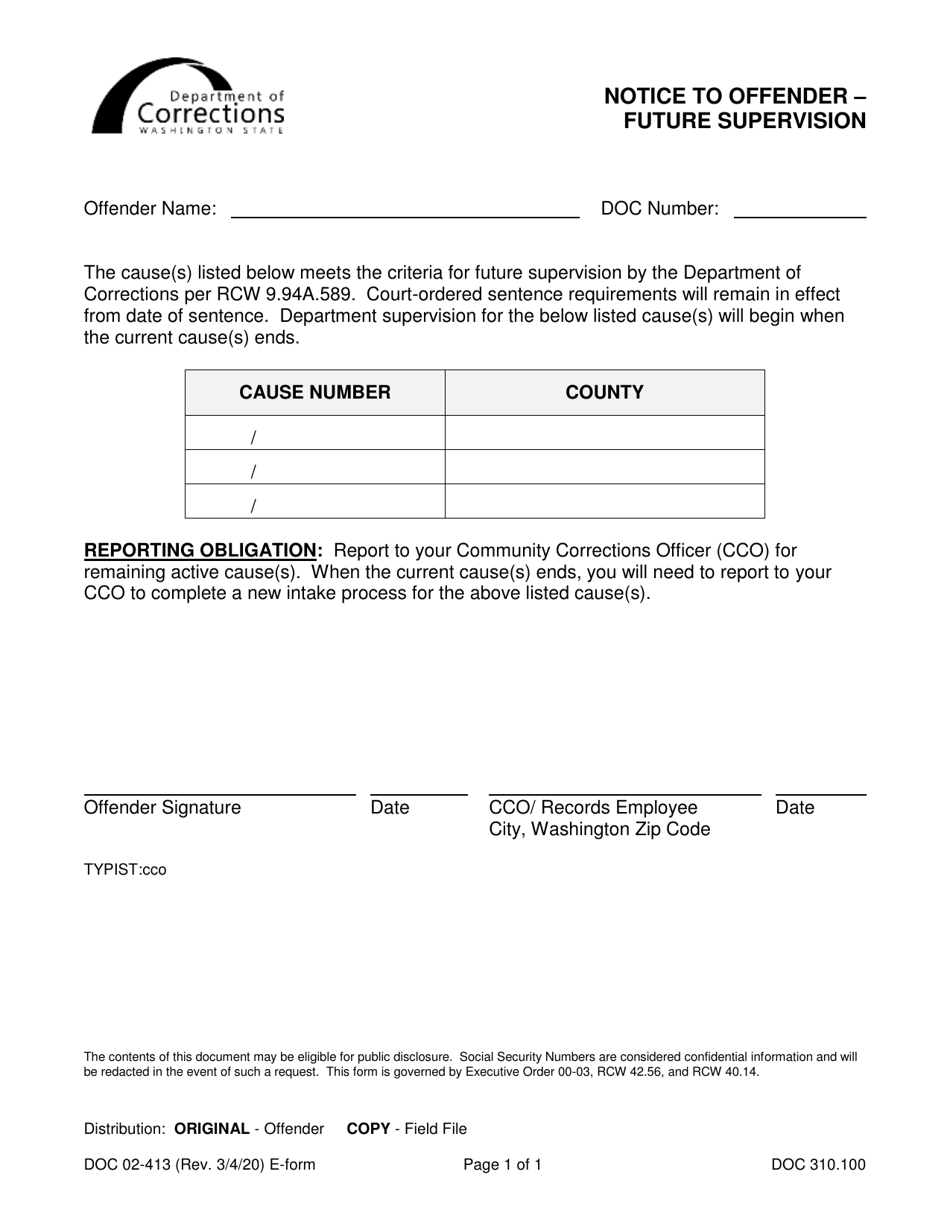 Form DOC02-413 Notice to Offender - Future Supervision - Washington, Page 1