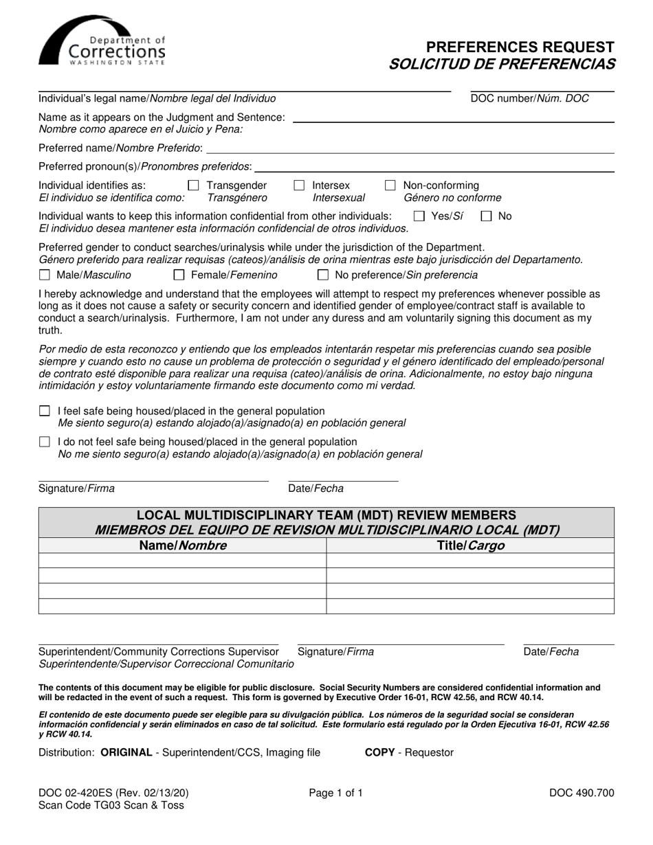 Form DOC02-420ES Preferences Request - Washington (English / Spanish), Page 1