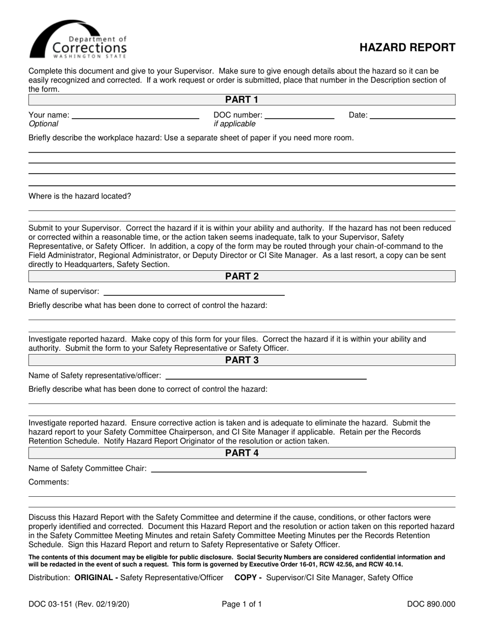 Form DOC03-151 Hazard Report - Washington, Page 1