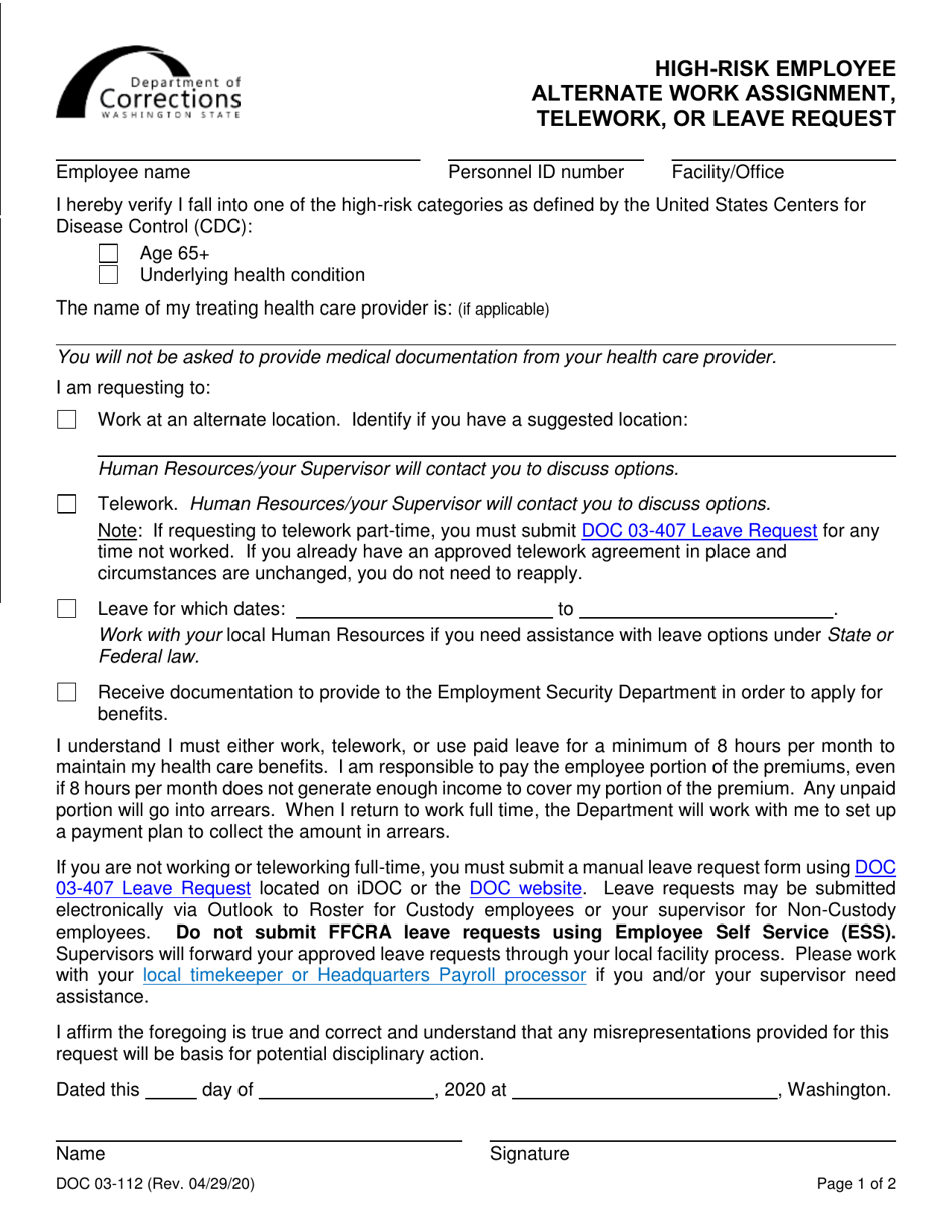 Form DOC03-112 High-Risk Employee Alternate Work Assignment, Telework, or Leave Request - Washington, Page 1