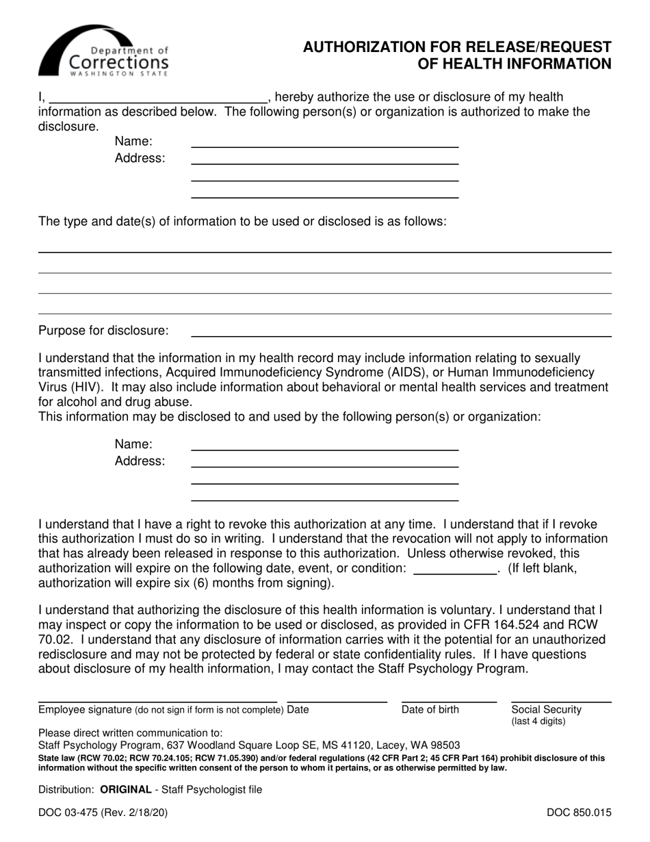 Form DOC03-475 Authorization for Release / Request of Health Information - Washington, Page 1