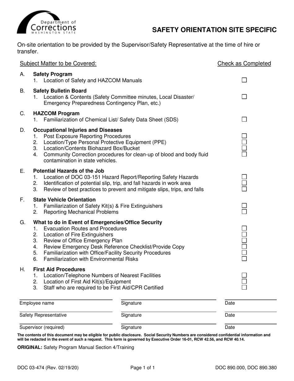 Form DOC03-474 Safety Orientation Site Specific - Washington, Page 1