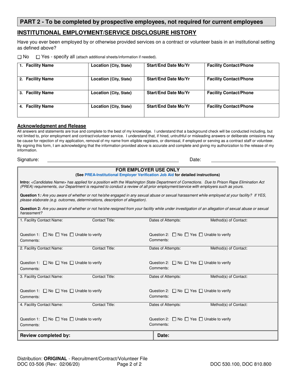 Form DOC03-506 Sexual Misconduct and Institutional Employment / Service Disclosure - Washington, Page 2