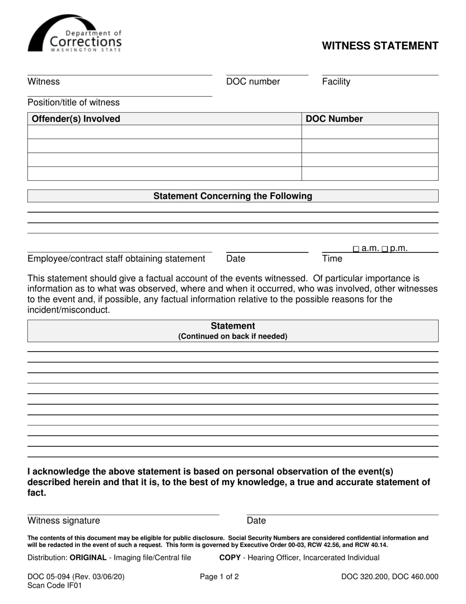 Form DOC05-094 Witness Statement - Washington, Page 1