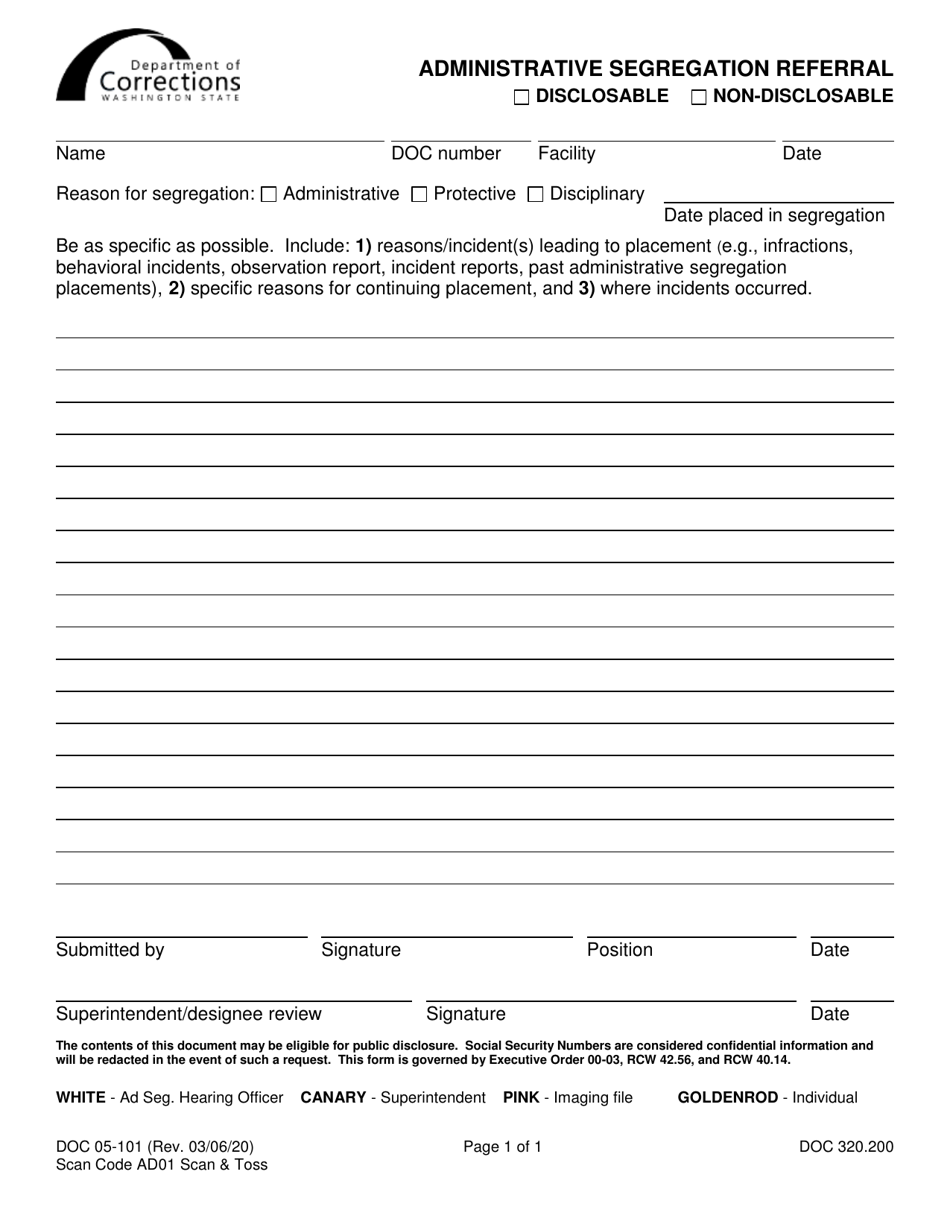 Form DOC05-101 Administrative Segregation Referral - Washington, Page 1