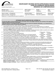 Form DOC05-093ES Disciplinary Hearing Notice/Appearance Waiver - Washington (English/Spanish)