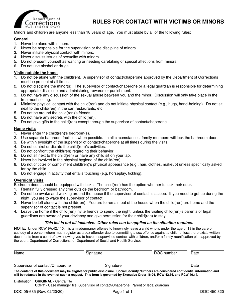 Form DOC05-685 Rules for Contact With Victims or Minors - Washington, Page 1