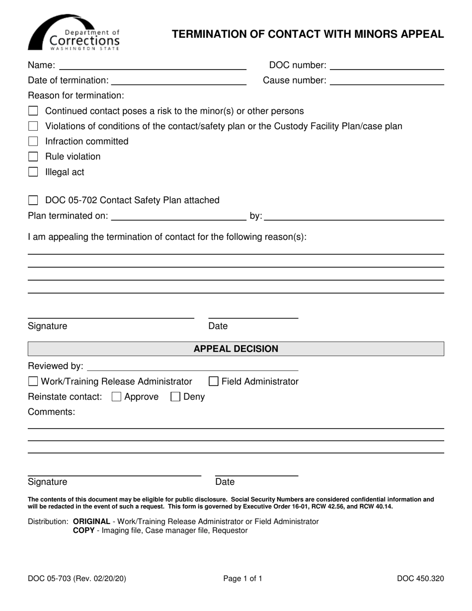 Form DOC05-703 Termination of Contact With Minors Appeal - Washington, Page 1