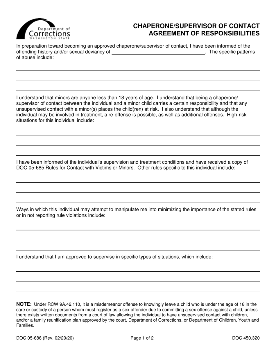 Form DOC05-686 Chaperone / Supervisor of Contact Agreement of Responsibilities - Washington, Page 1